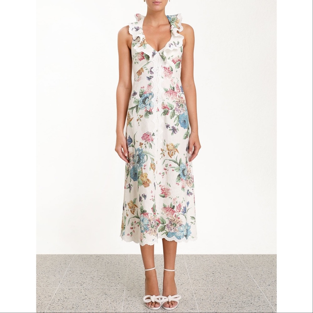 Zimmermann Linen Midi Dress in Cream Blossom